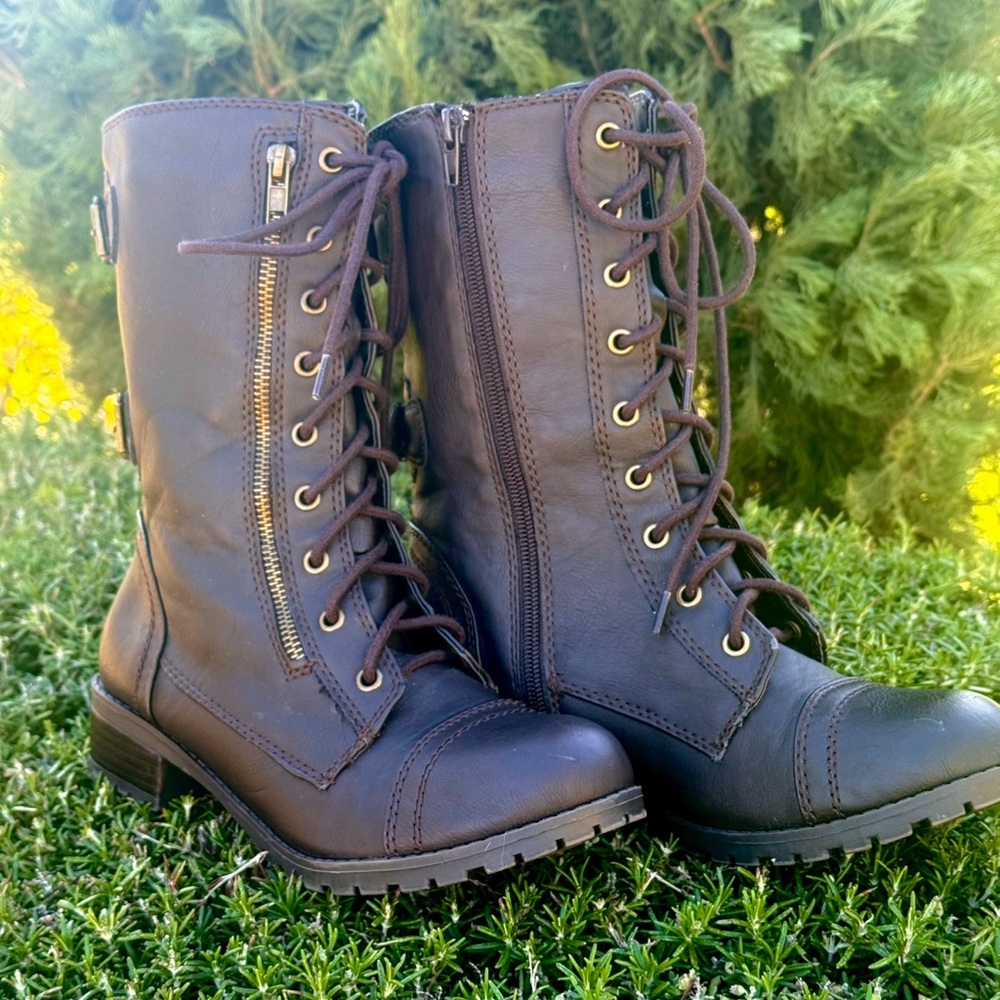 Dark Brown Women's Combat Boots with Side Zipper